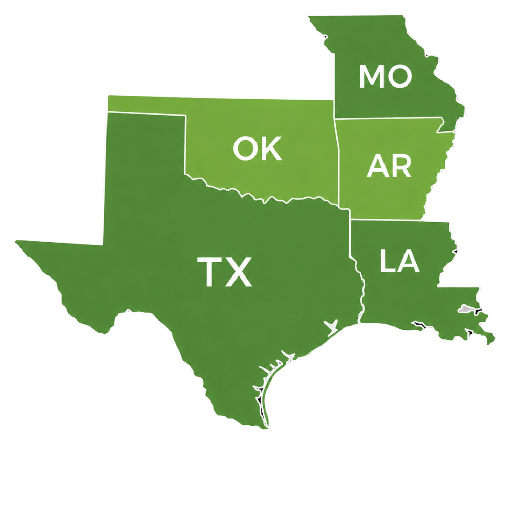 Service area map showing Texas, Oklahoma, Arkansas, Missouri, and Louisiana