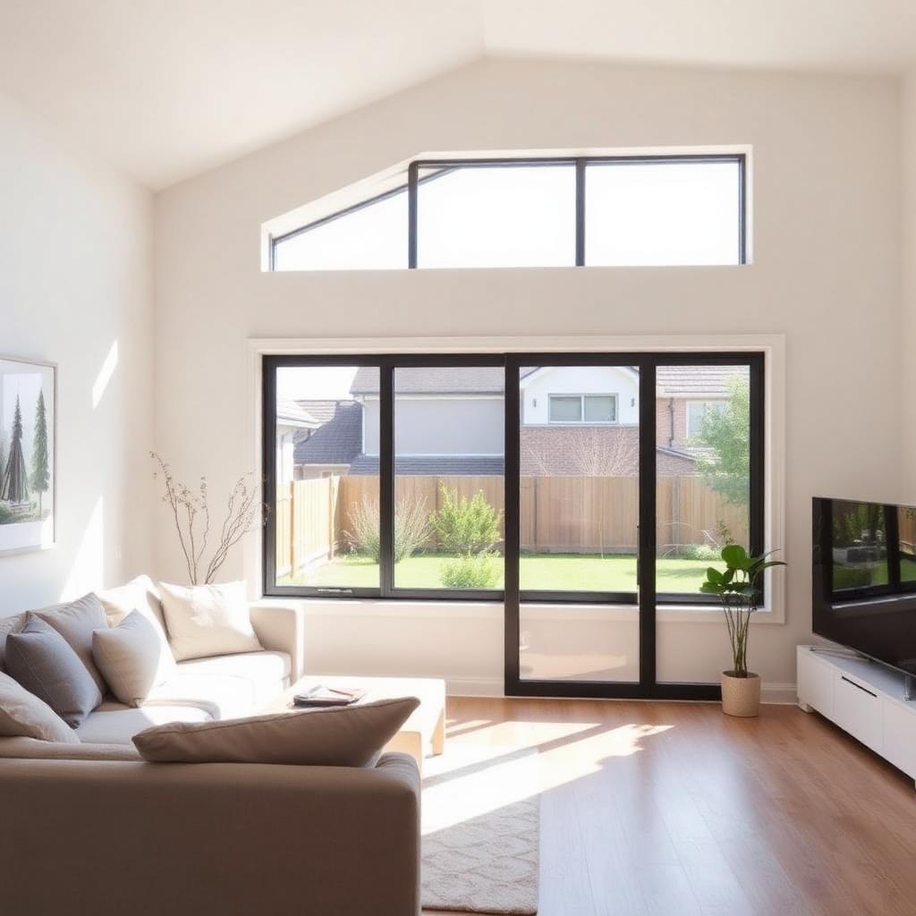 Modern interior featuring a horizontal sliding window overlooking a backyard